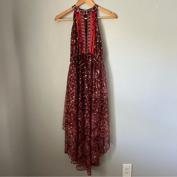 Free People Ria Wine Red & Gold Sleeveless Sheer Embroidered Maxi Top Size XS - Picture 3 of 16